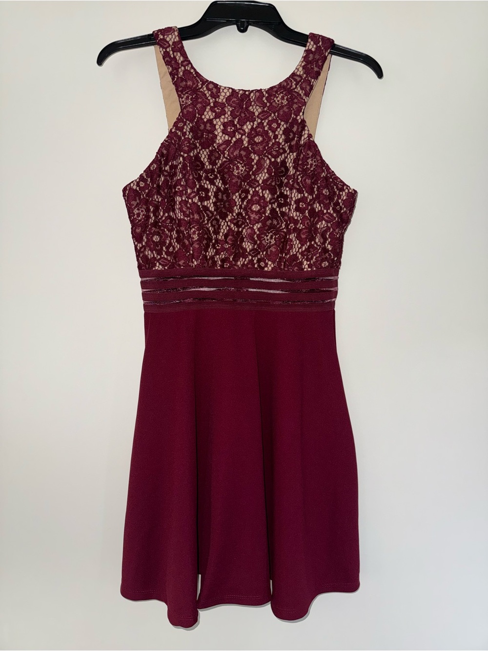 Speechless Burgundy Lace & Nude Overlay Party Dress